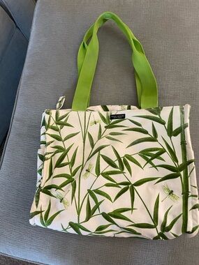 Kate Spade Cotton Tote Bag Lined Compartments Green Bamboo Leaves Zip Vintage